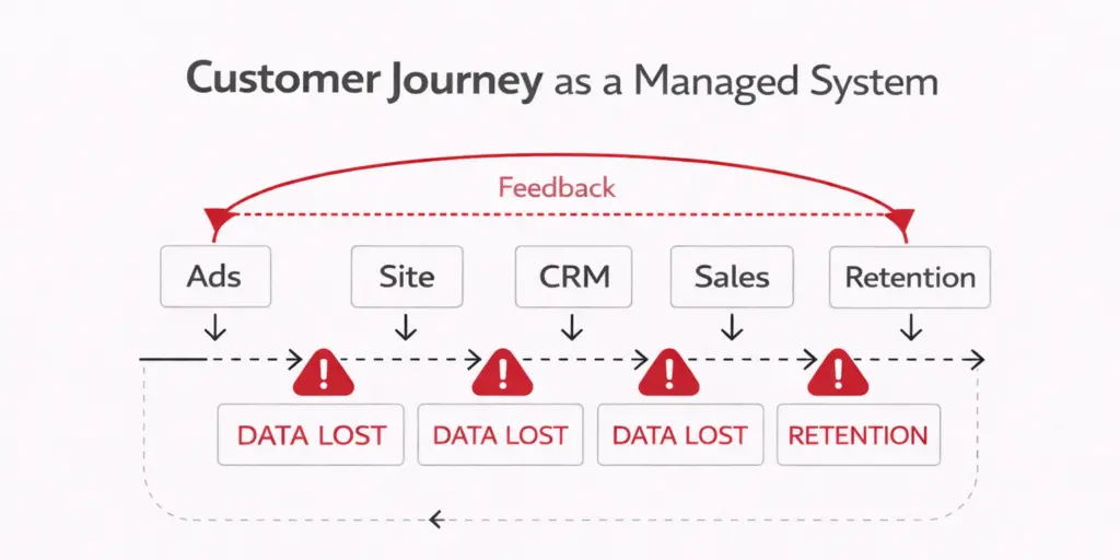 Customer journey flowchart visualising stages: Ads, Site, CRM, Sales, and Retention, with warning icons indicating data loss and feedback loop from Retention back to Ads.