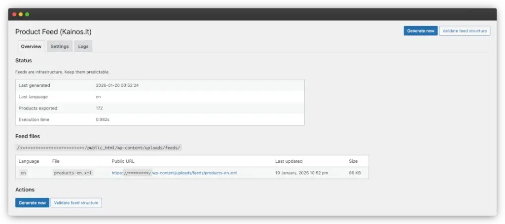 Yablonsky Product Feed for Kainos.lt plugin interface