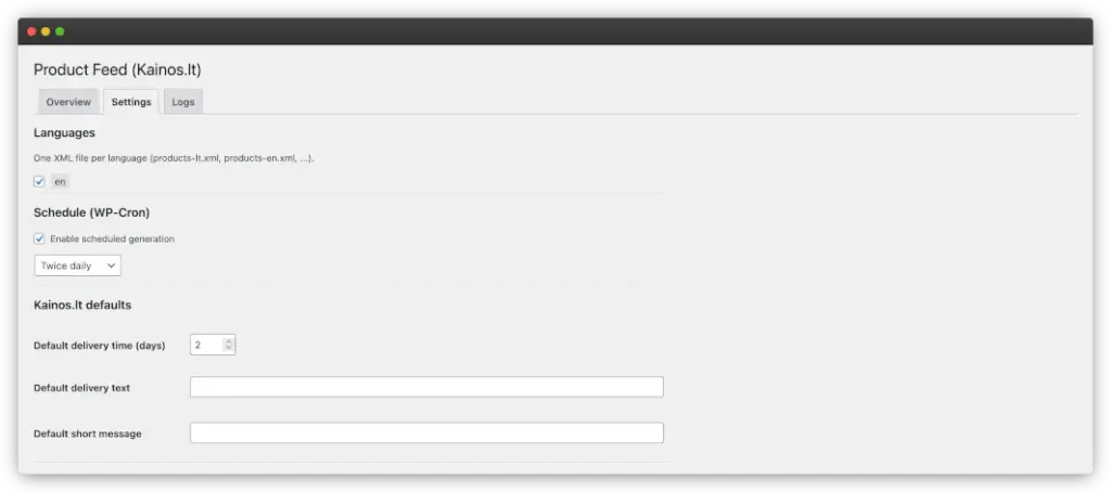 Yablonsky Product Feed for Kainos.lt WooCommerce settings