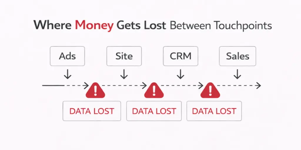 Flowchart visualising key customer journey stages with data loss at Ads, Site, CRM, and Sales touchpoints, marked by warning icons.